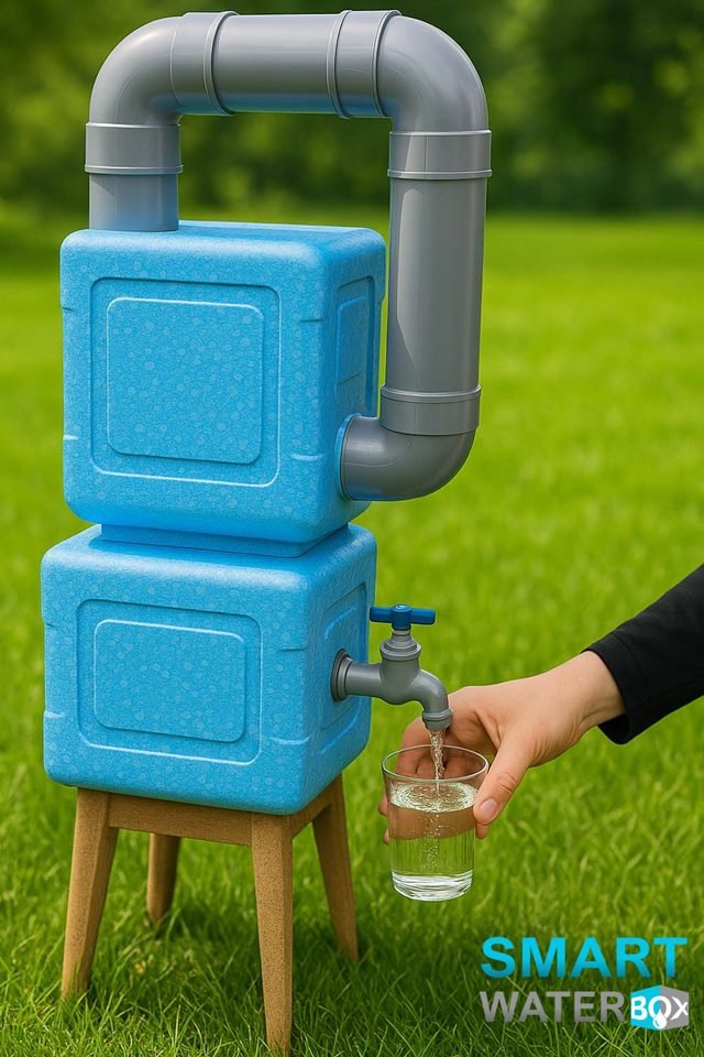 Illustration of a finished Smart Water Box unit filling a glass of water